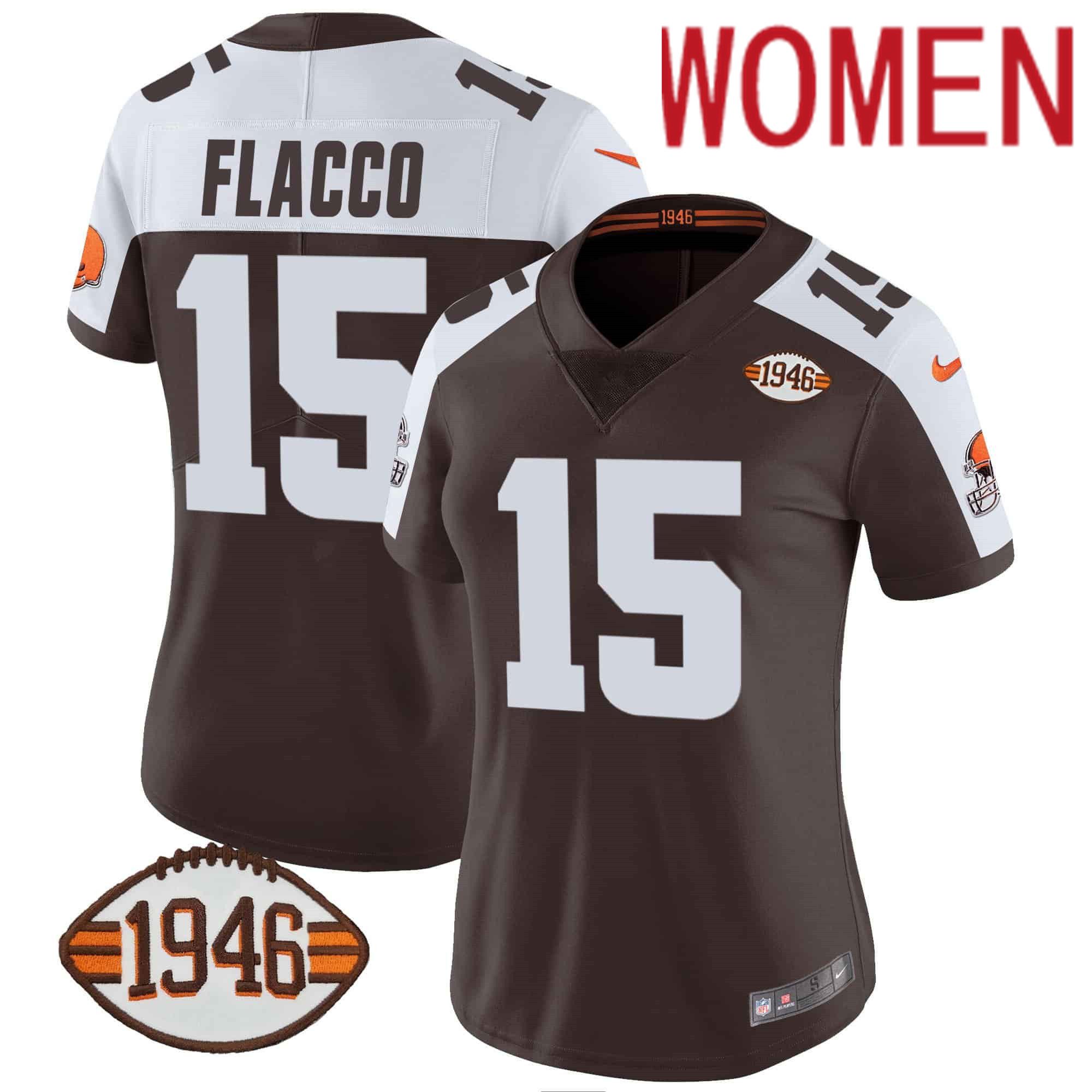 Women Cleveland Browns 15 Flacco Brown 1946 75th Anniversary Patch 2024 Nike NFL Jersey